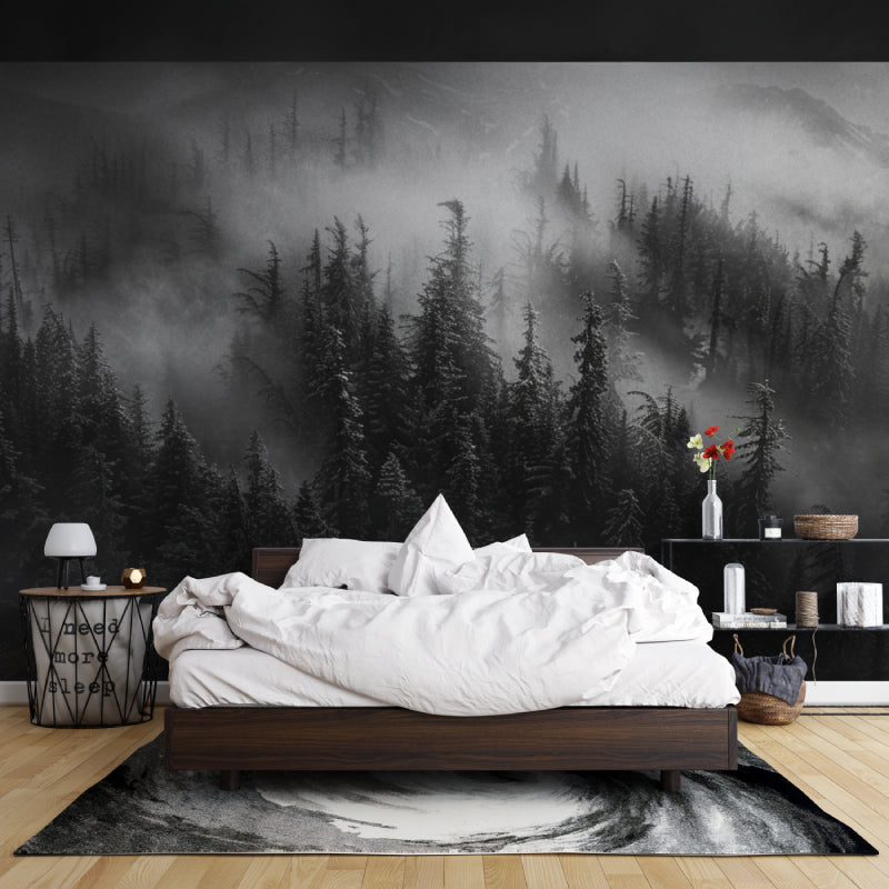 Black and white mountain mural in dining room with natural lighting
