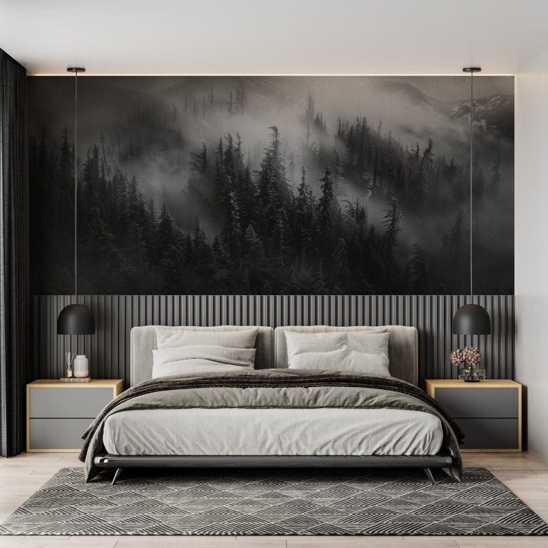 Misty forest wall mural in hallway creating depth perspective