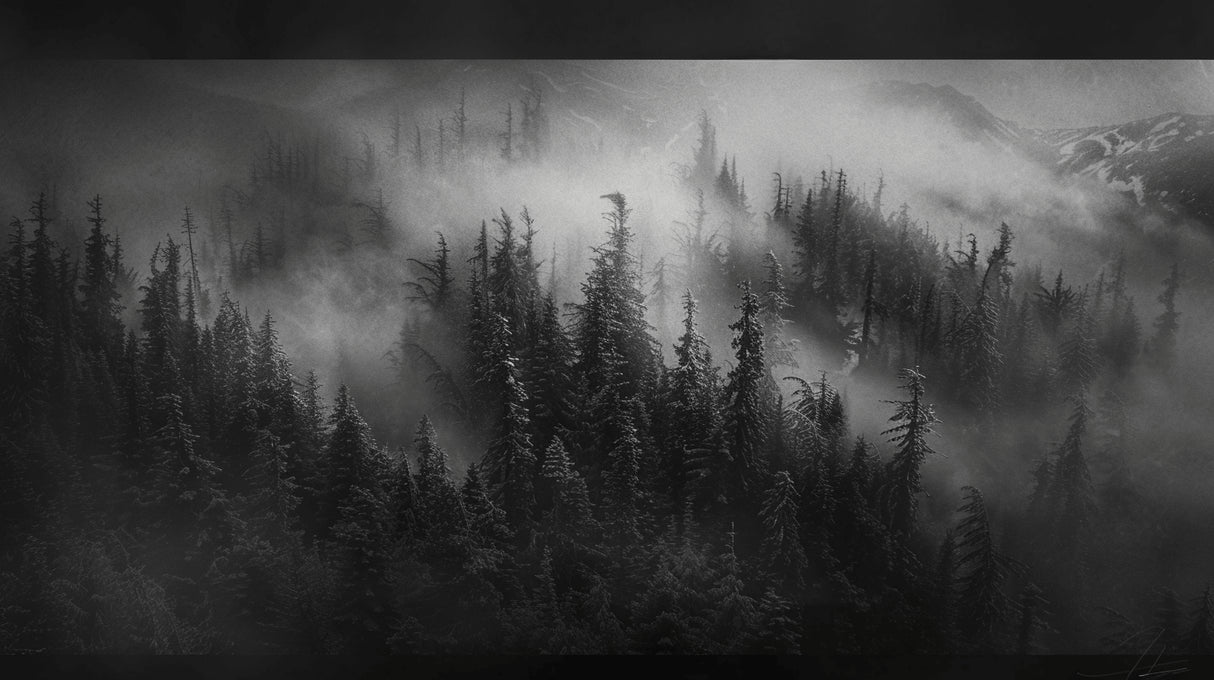 Black and white mountain forest design file showing complete misty landscape pattern