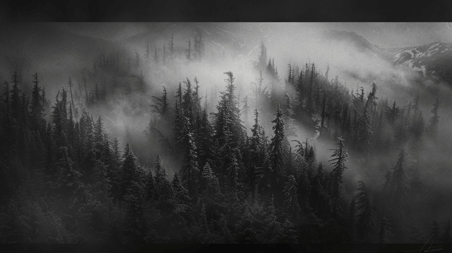 Black and white mountain forest design file showing complete misty landscape pattern
