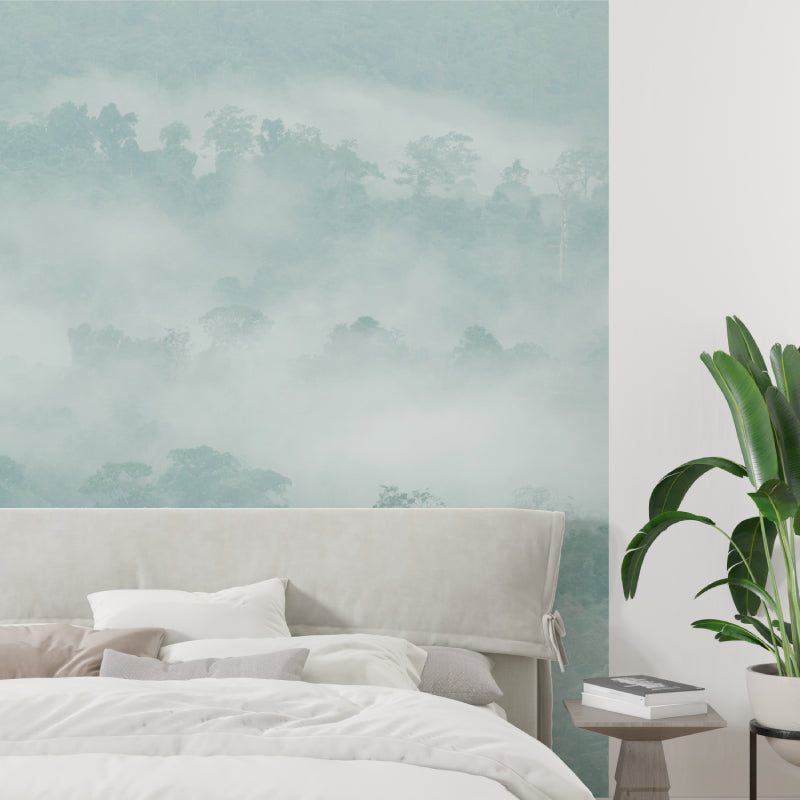 Mountain fog wallpaper in master bedroom, showing peaceful forest scene with gentle mists
