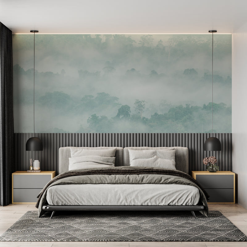 Forest mist wall mural in home office space, bringing nature's calm indoors