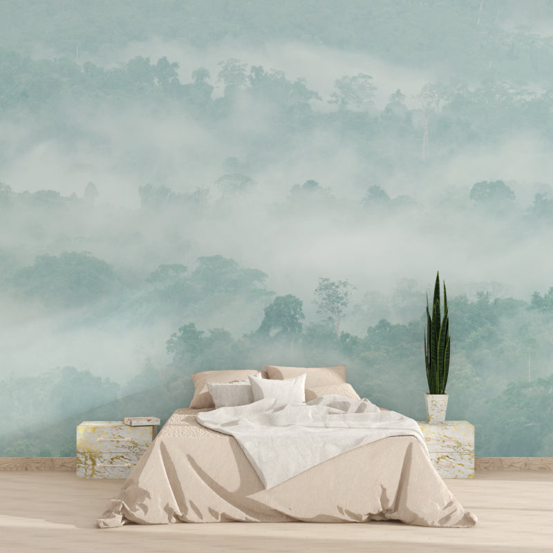 Nature wall mural showing morning fog in meditation room setting