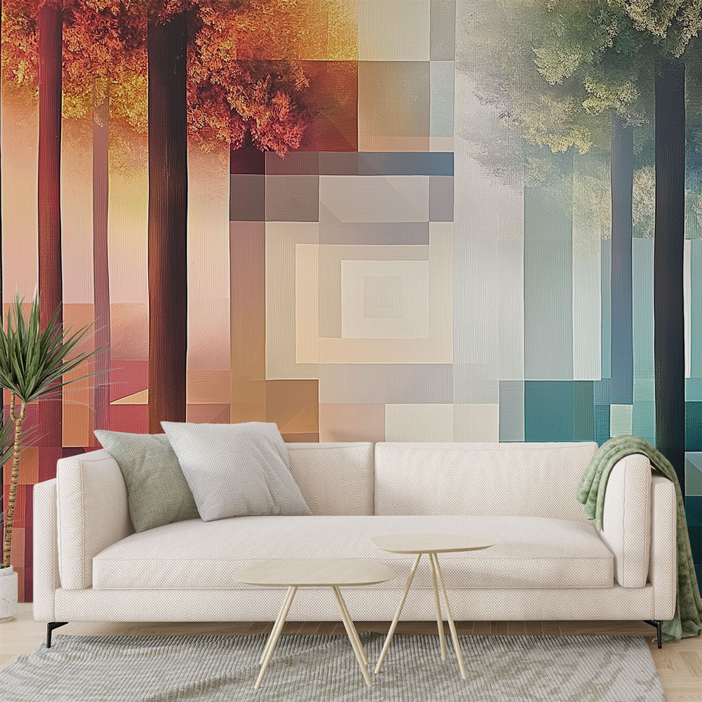 Modern geometric forest wallpaper creating a striking focal point in a minimalist living room with gradient colors