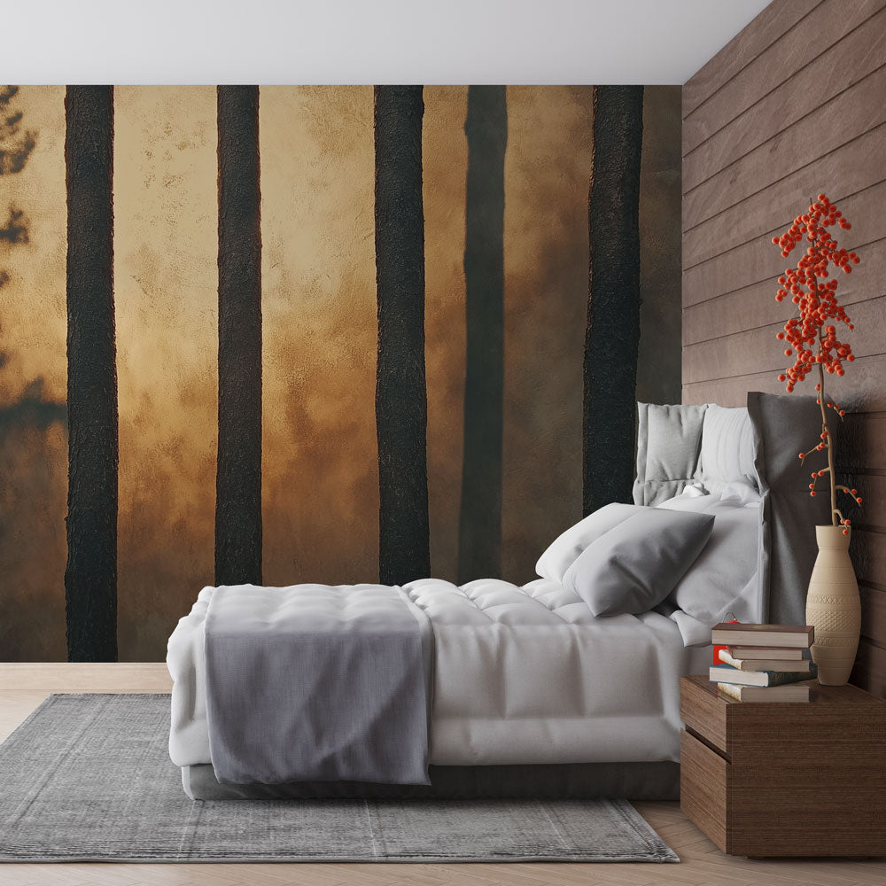 Forest silhouette wallpaper in modern living room creating warm, inviting atmosphere with golden sunset glow