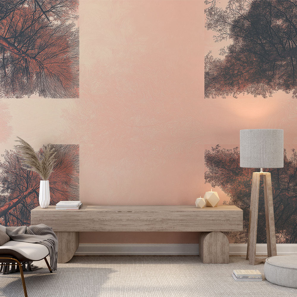 Pink forest abstract wallpaper creating a cozy atmosphere in a modern living room with minimalist furniture