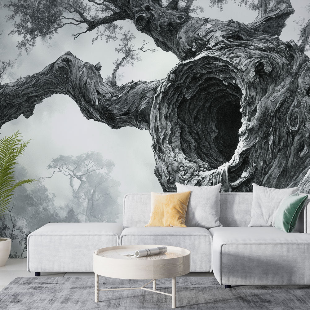 Black and white tree mural wallpaper styled in a modern minimalist living room, creating dramatic contrast against light walls