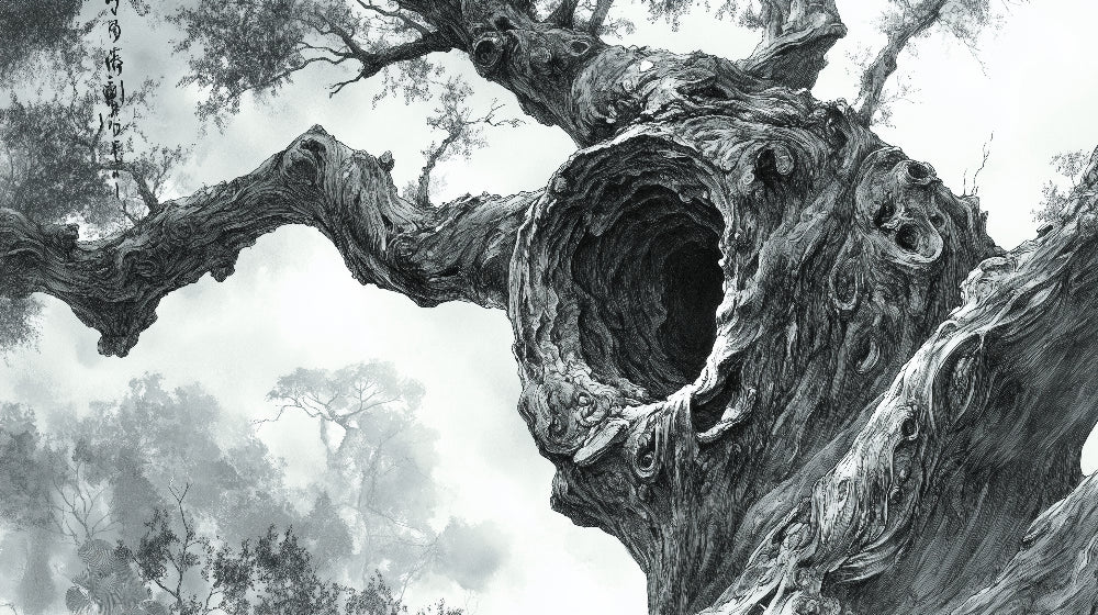 Ancient tree wallpaper design file showing detailed black and white forest pattern