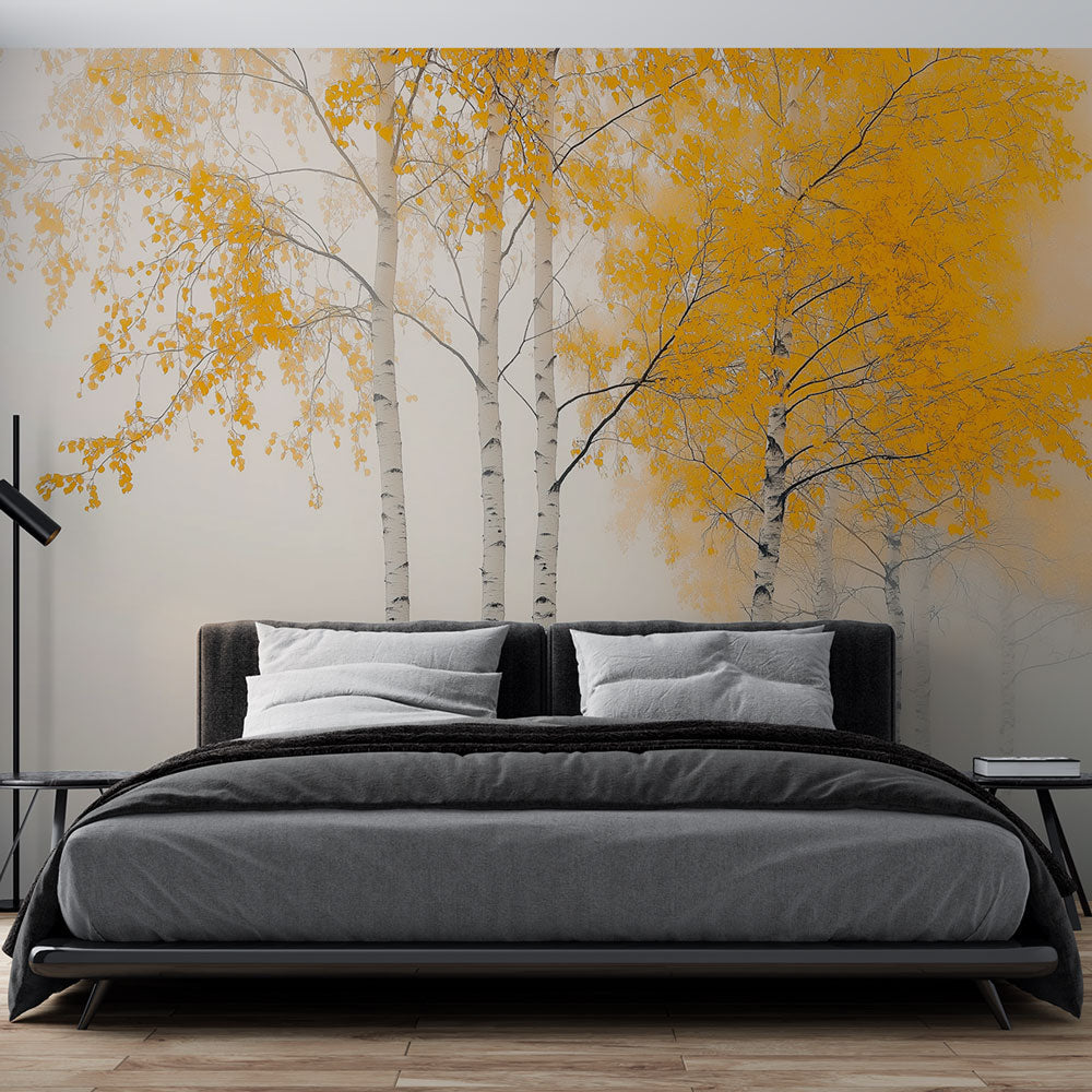 Forest wall mural with autumn birch trees shown in bright modern living room, creating a warm and inviting atmosphere