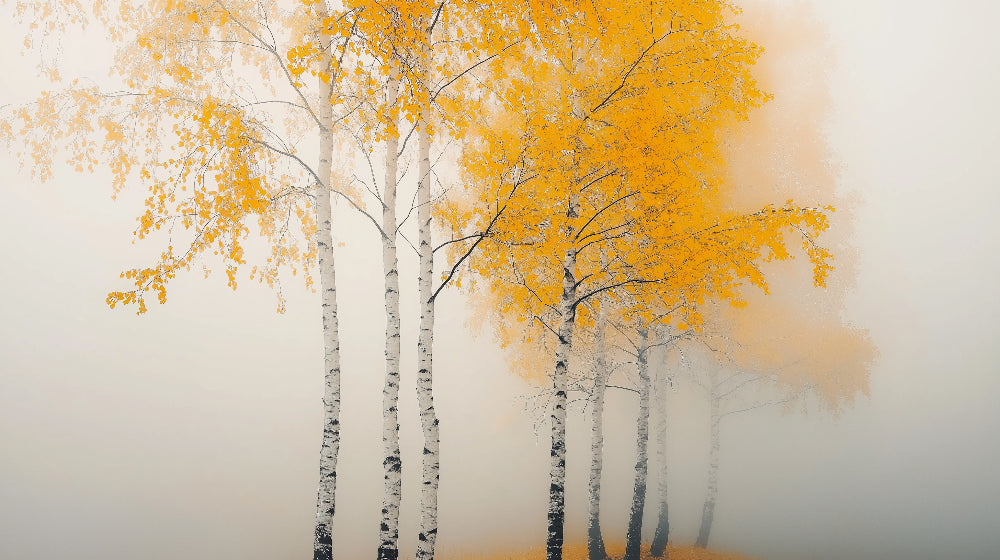 Autumn birch trees forest wallpaper design file showing detailed golden leaves and white bark pattern