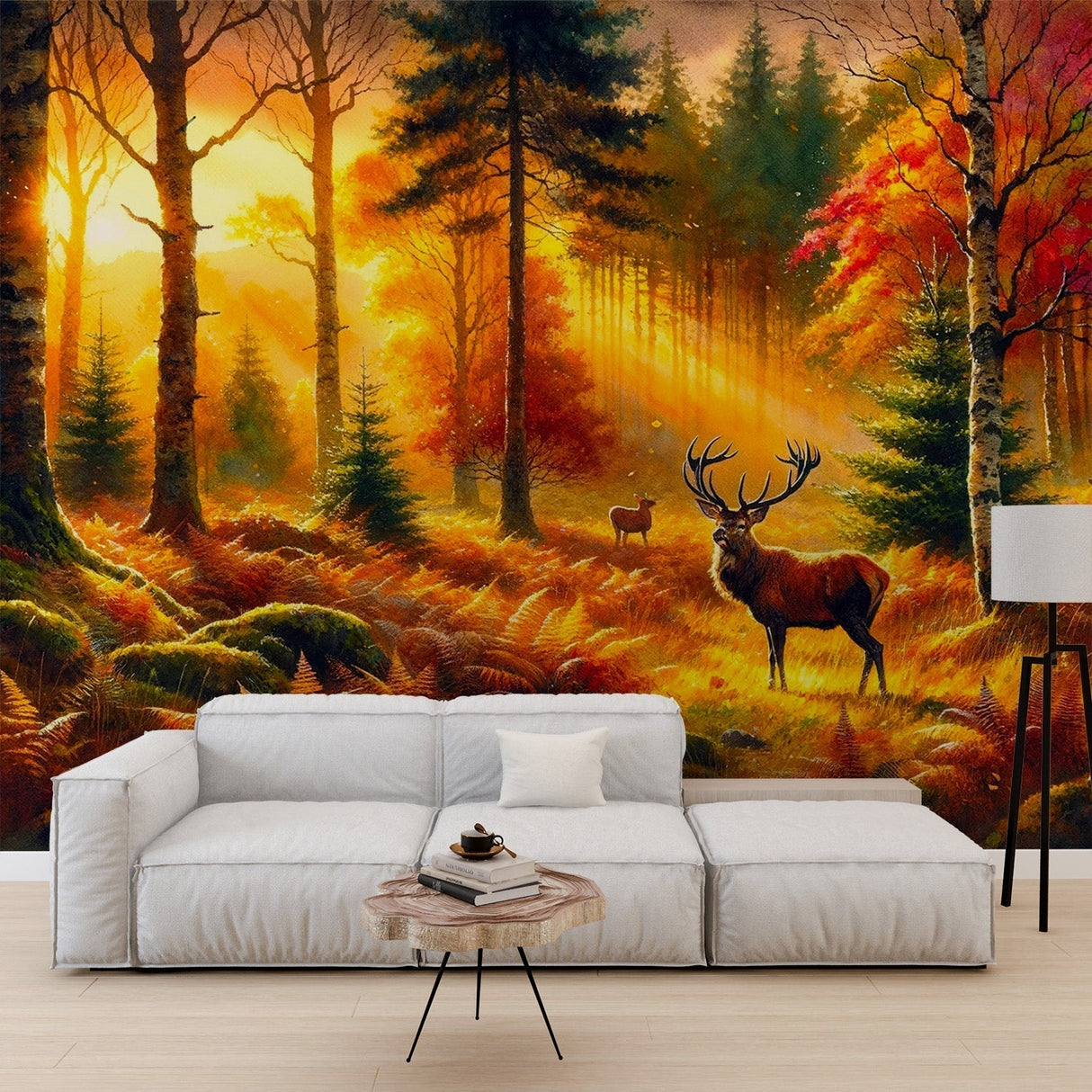 Forest deer wallpaper creating a cozy atmosphere in a modern living room with soft autumn lighting