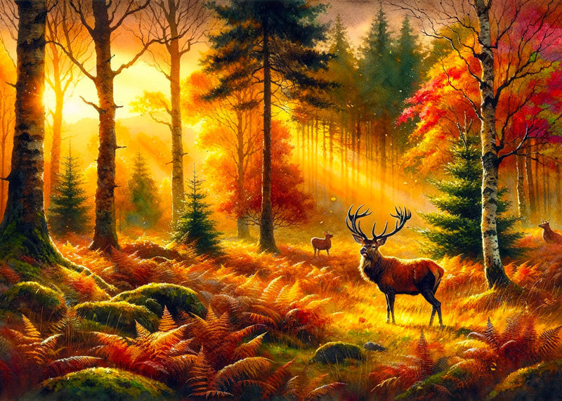 Autumn forest deer wallpaper design file showing detailed sunset scene with majestic stag