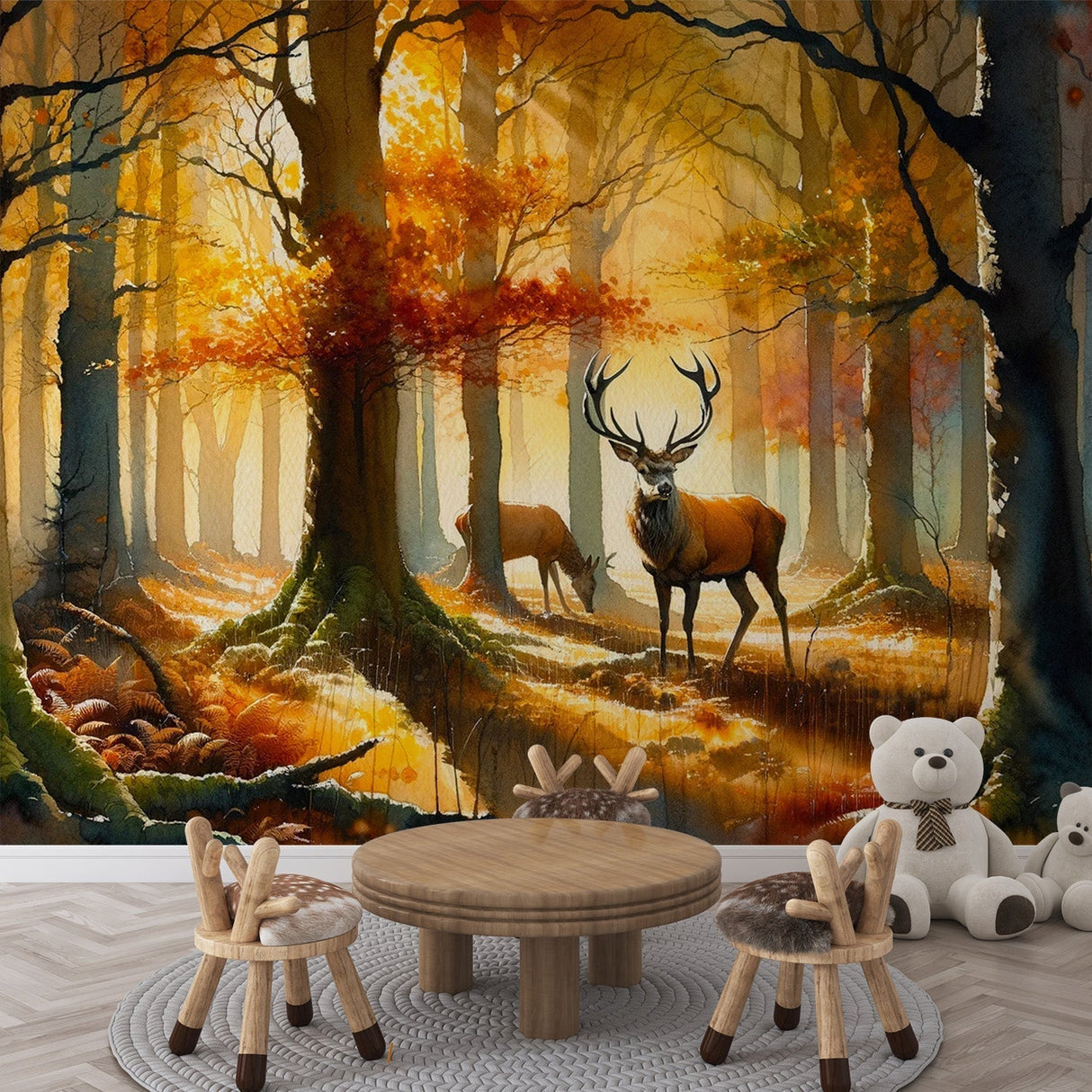 Forest wallpaper with autumn deer shown in a bright living room, golden morning light streaming through windows