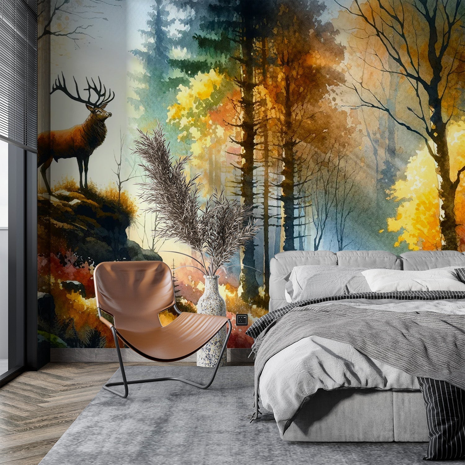Forest deer wallpaper mural in a bright living room, creating a peaceful autumn woodland atmosphere