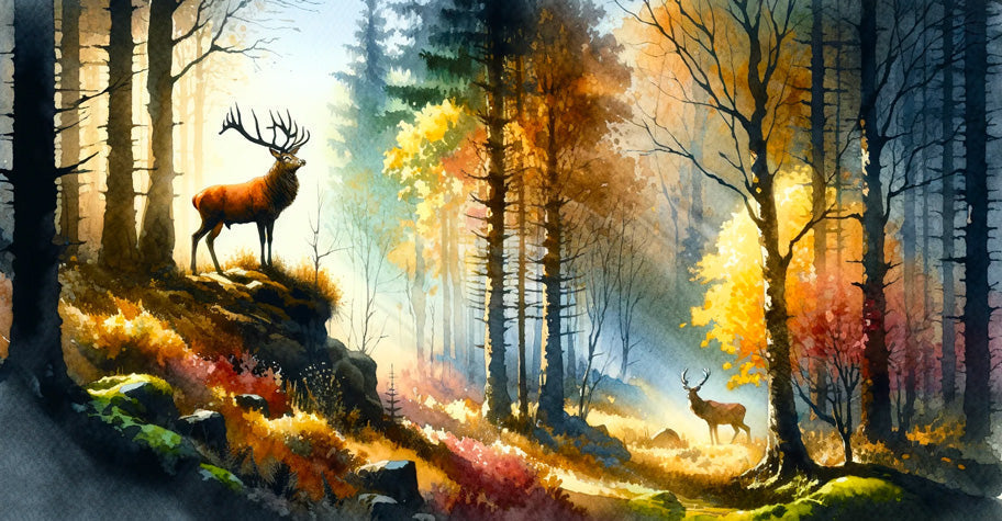 Watercolor forest deer wallpaper design file showing detailed autumn scene and misty woodland