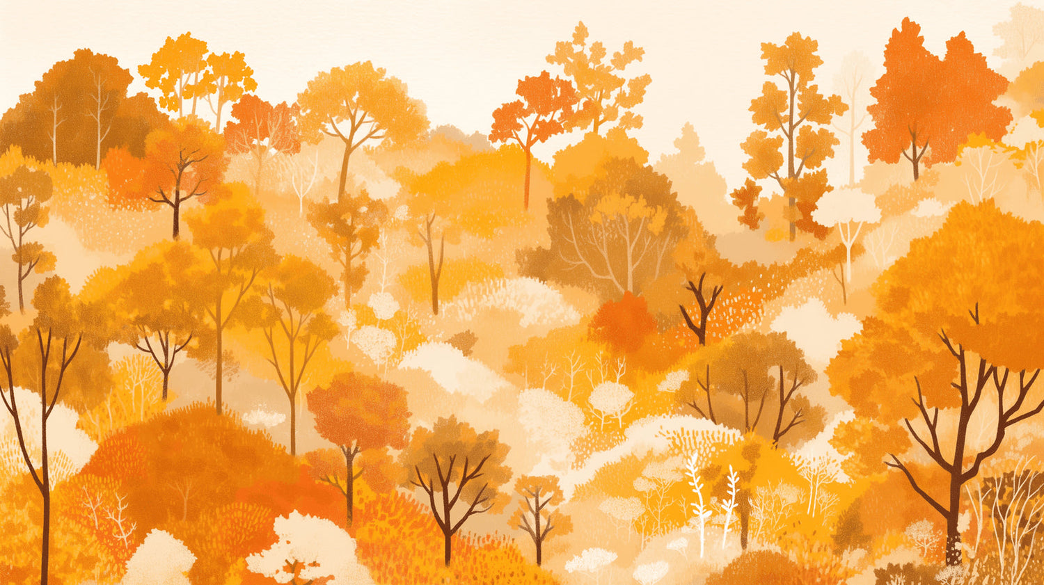 Autumn forest wallpaper creating a warm atmosphere in a modern living room with golden tree detail