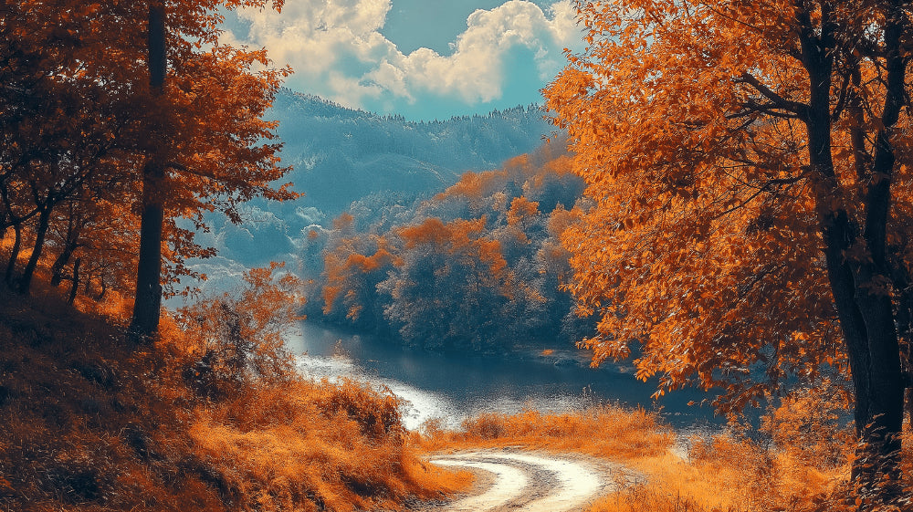 Mountain lake forest wallpaper creates depth in modern living room, orange autumn trees reflect in calm water