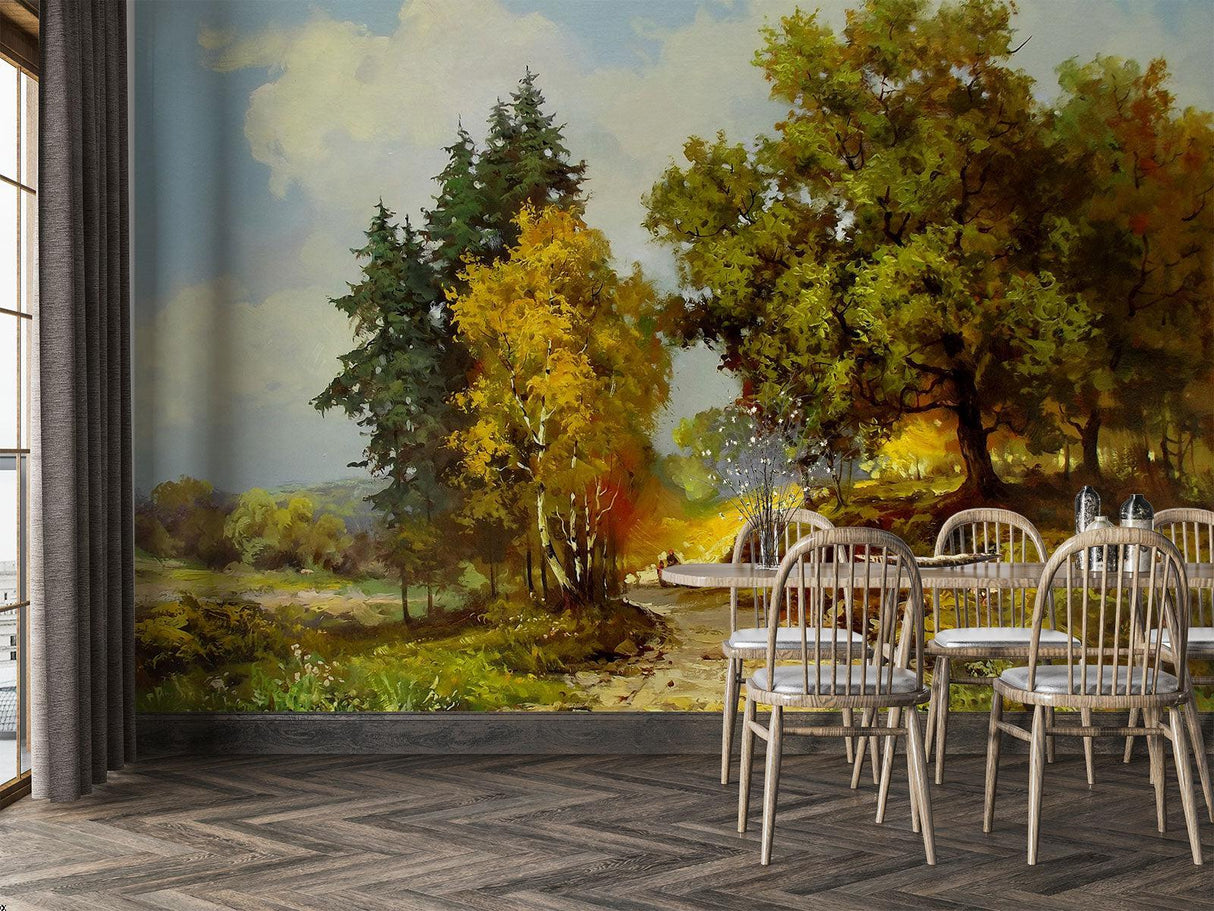 Forest wall mural featuring autumn trees in modern living room with gray sofa