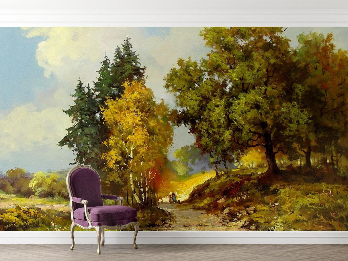 Forest landscape mural in dining room with natural light