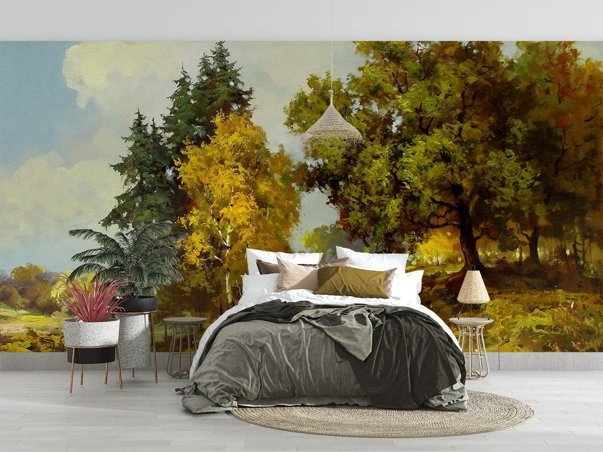 Autumn forest wallpaper creating depth in home office space