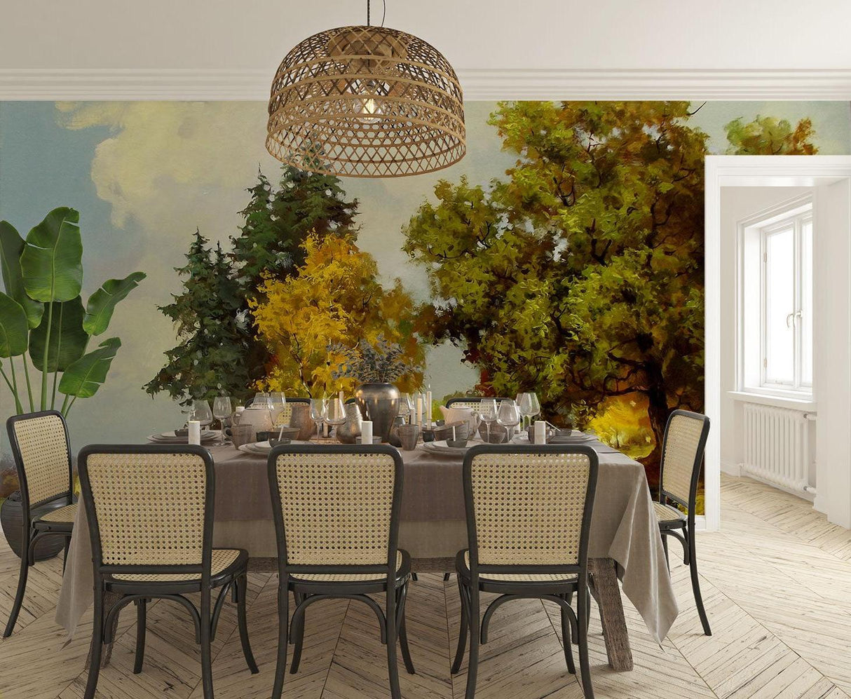 Nature wall mural showing golden trees in hallway setting