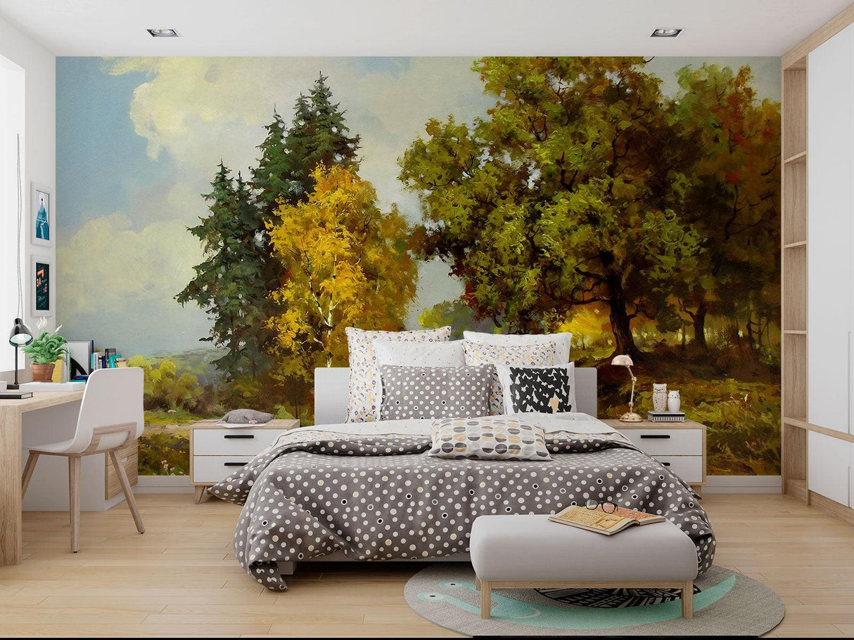 Forest path wallpaper bringing warmth to meditation room