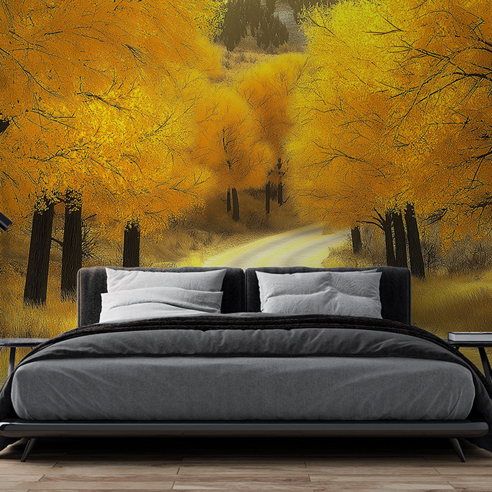 Forest wall mural creating a warm autumn atmosphere in a modern living room with golden trees and winding path