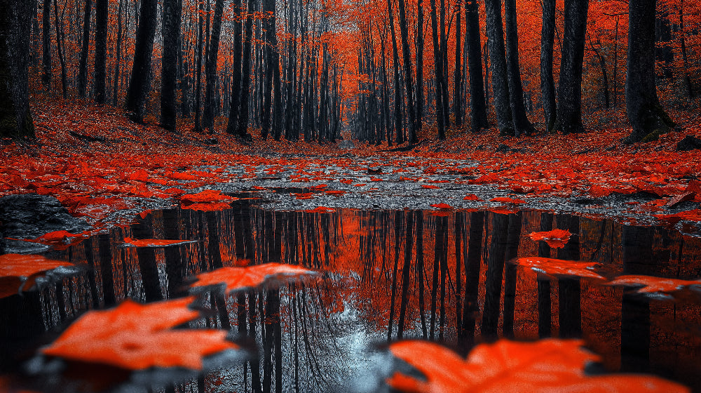 Autumn forest reflection design file showing detailed red foliage and mirror water effect
