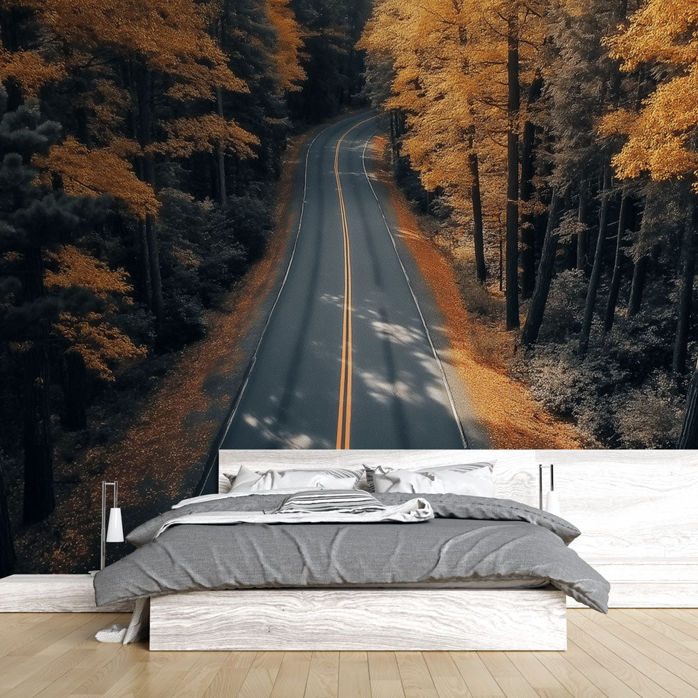 Autumn forest wallpaper mural creating depth in modern living room, golden trees and winding road design