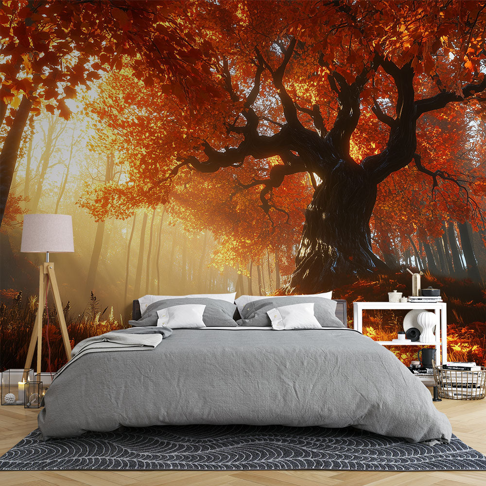 Autumn Forest Wallpaper creating a warm, cozy atmosphere in a modern living room with natural light streaming through windows