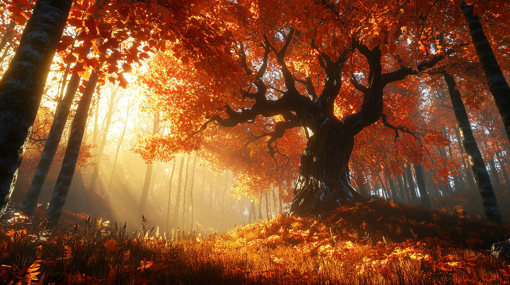 Forest Mural Wallpaper design file showing detailed autumn tree with golden sunlight and morning mist