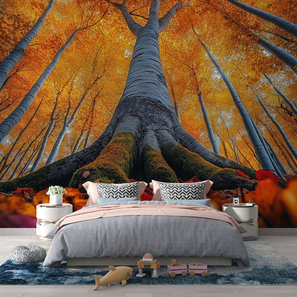 Forest canopy wallpaper creating a cozy atmosphere in a modern living room with high ceilings