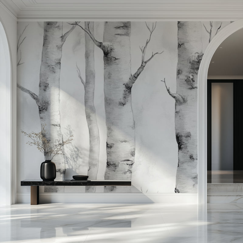 Nordic forest wall mural in cozy bedroom showing striking black and white birch tree pattern