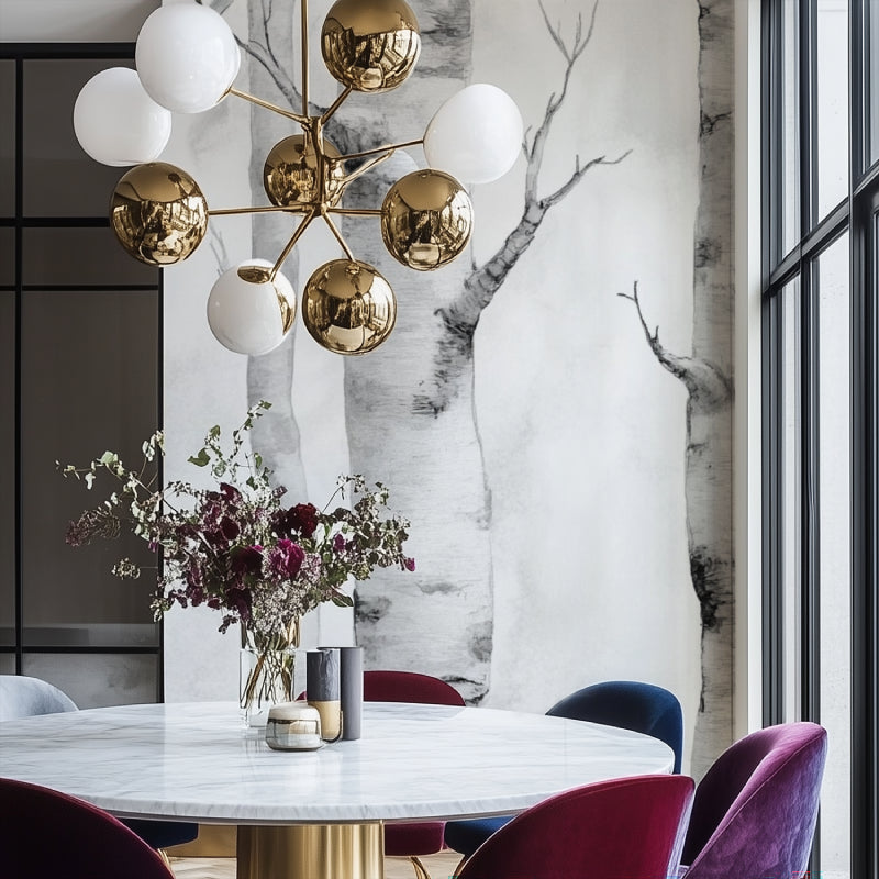 Monochrome birch tree wallpaper making statement in dining room with modern furniture