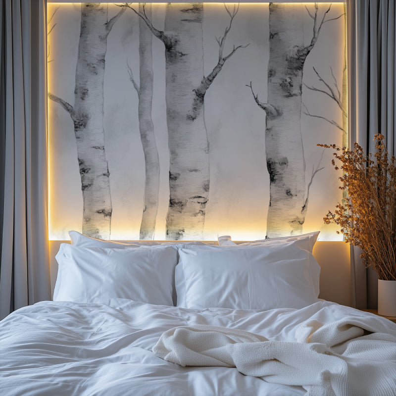 Scandinavian style hallway featuring dramatic birch tree wall covering in black and white