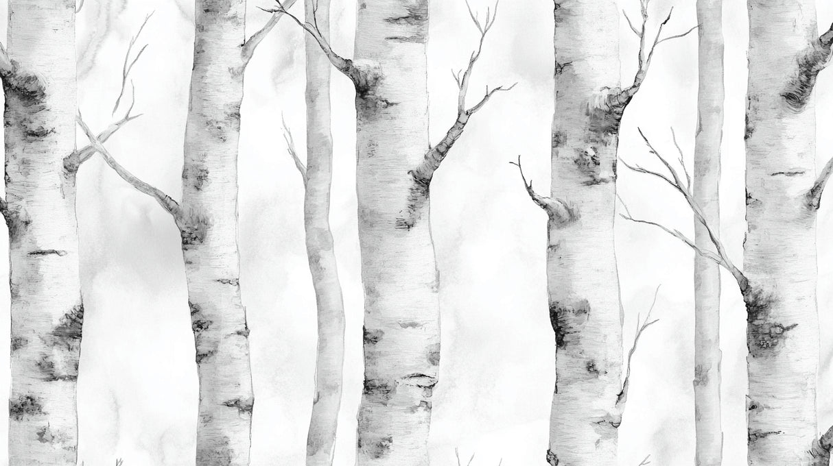 Black and white birch forest wallpaper design file showing detailed trunk and branch pattern