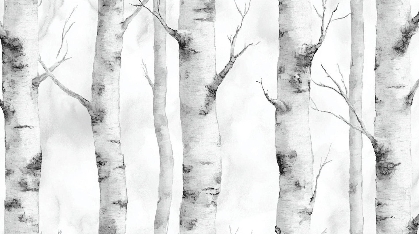 Black and white birch forest wallpaper design file showing detailed trunk and branch pattern