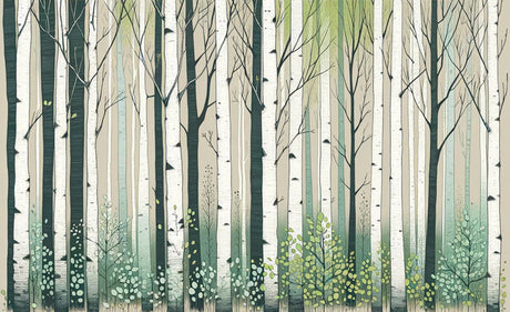 Birch tree forest wallpaper design file showing detailed trunk patterns and gentle green foliage