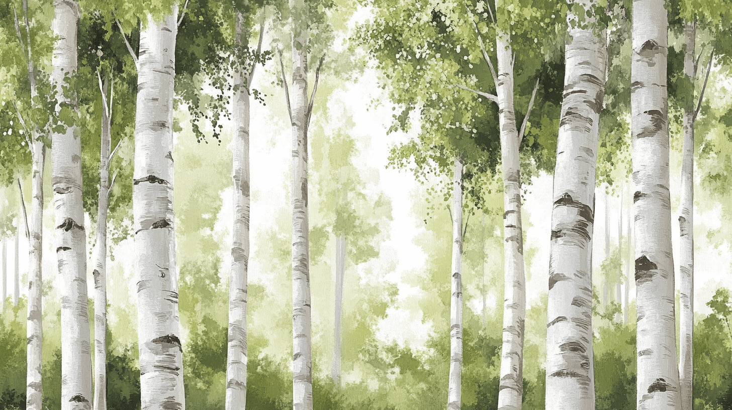 Birch forest wallpaper design file showing detailed white trunks and green foliage pattern