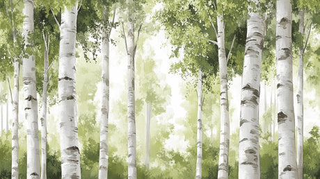 Birch forest wallpaper design file showing detailed white trunks and green foliage pattern