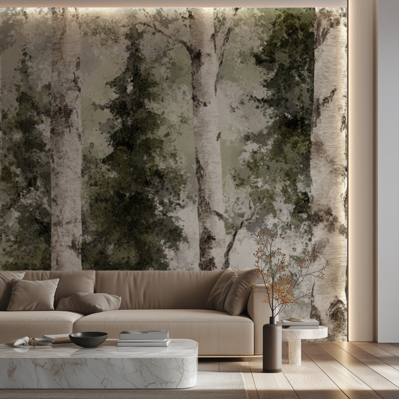 Forest wallpaper in hallway showcasing misty green effects and white birch trunks