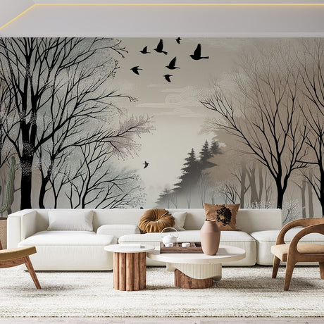Forest birds wallpaper mural creating a peaceful atmosphere in a modern living room with natural light