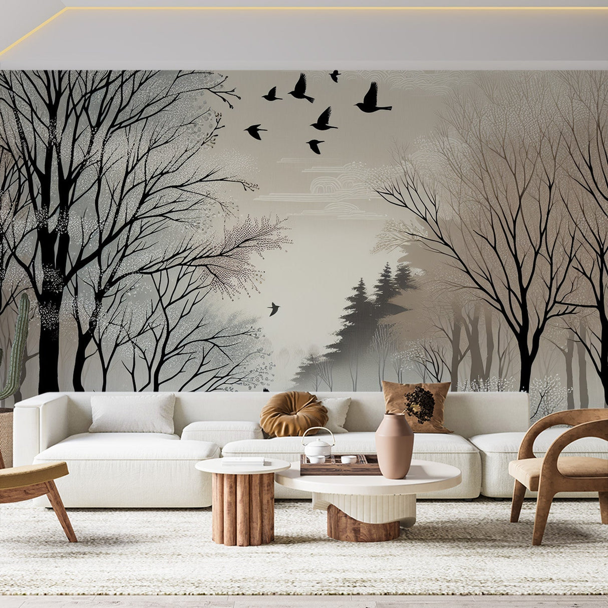 Forest birds wallpaper mural creating a peaceful atmosphere in a modern living room with natural light