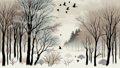 Misty forest wallpaper design file showing detailed bird silhouettes and trees pattern