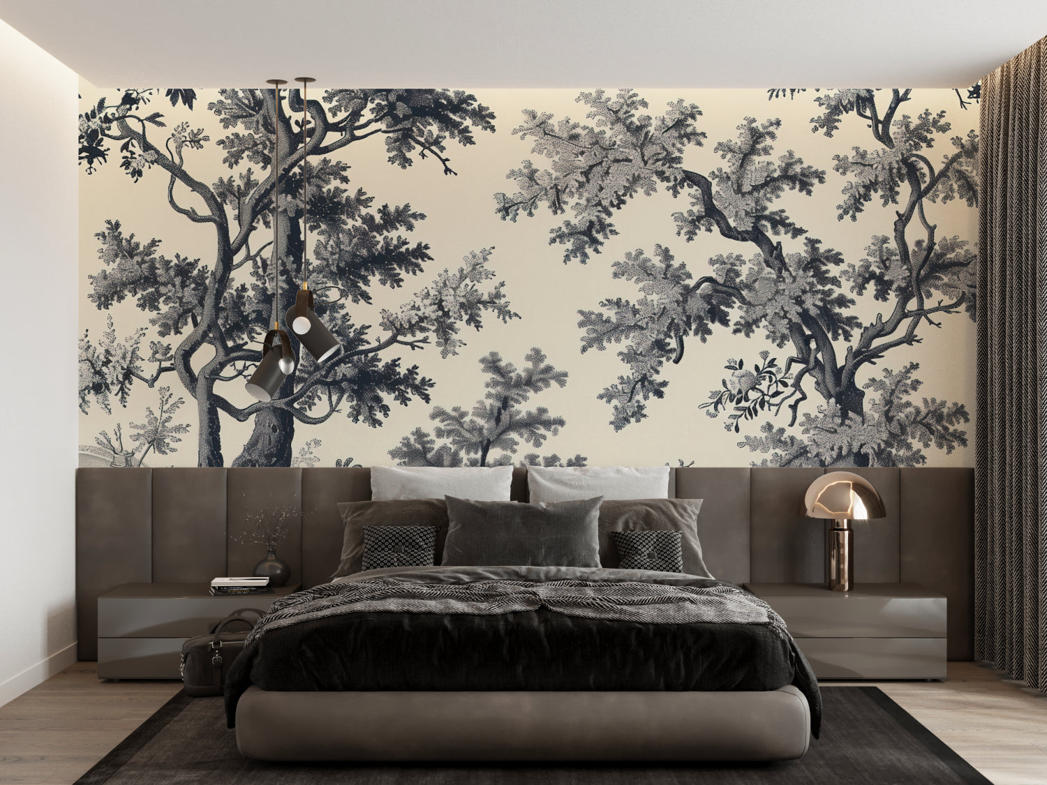 Black and beige forest wallpaper in modern living room showing Toile de Jouy tree pattern
