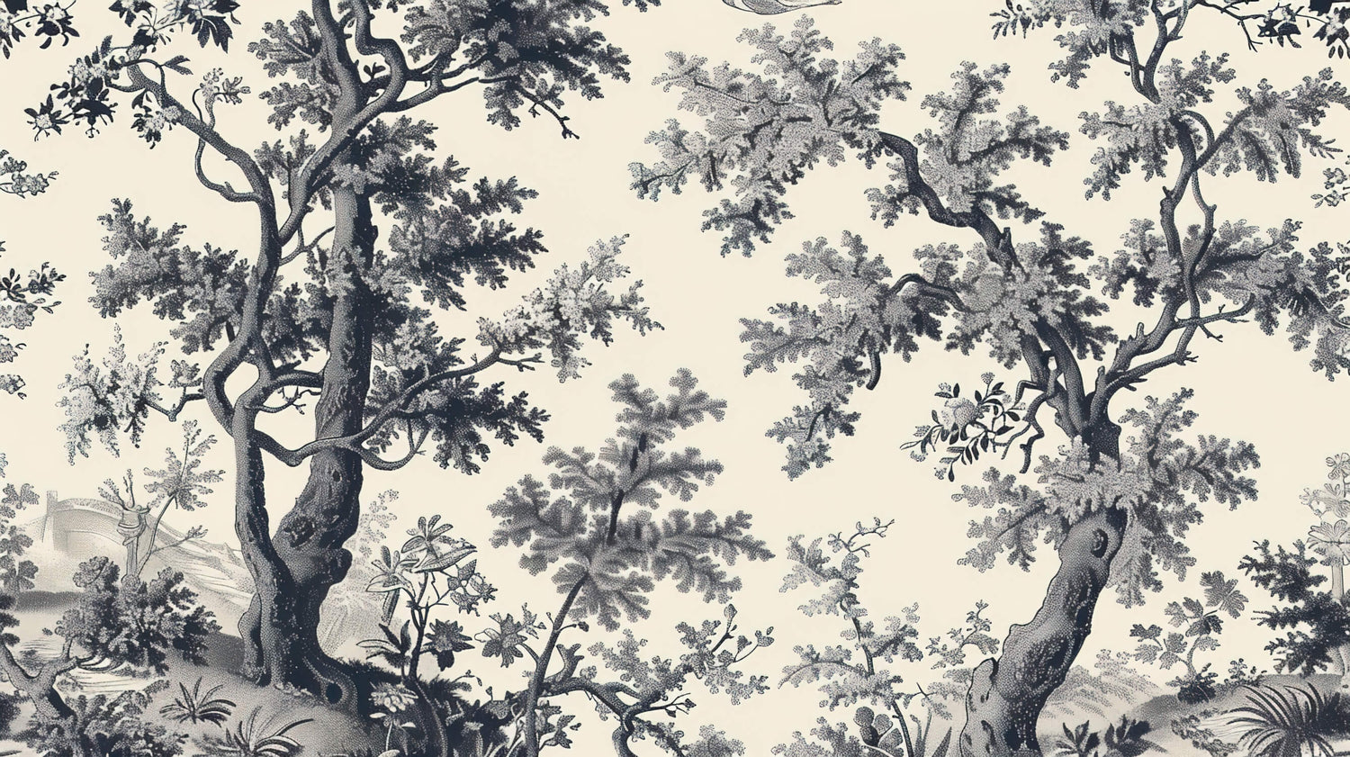 Design file of black and beige Toile de Jouy forest pattern showing intricate tree details