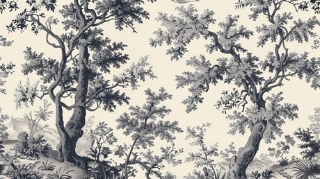 Design file of black and beige Toile de Jouy forest pattern showing intricate tree details
