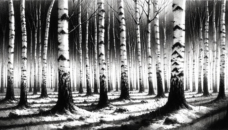 Black and white birch tree pattern design file showing detailed trunk textures and shadows