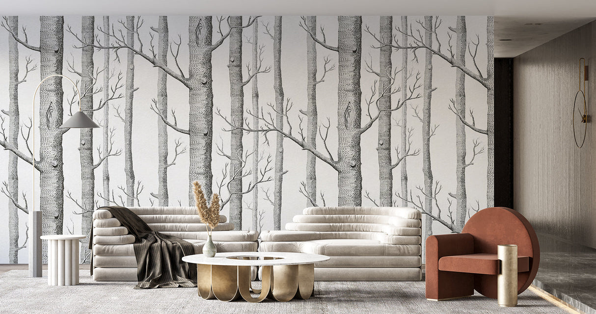 Monochrome birch tree mural adding height to master bedroom wall