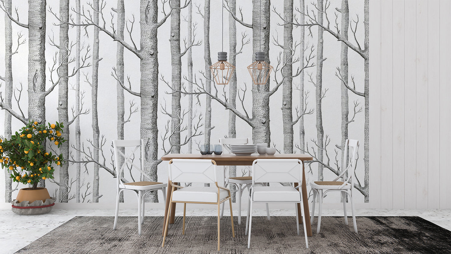 Nordic forest wallpaper bringing nature into sleek dining space